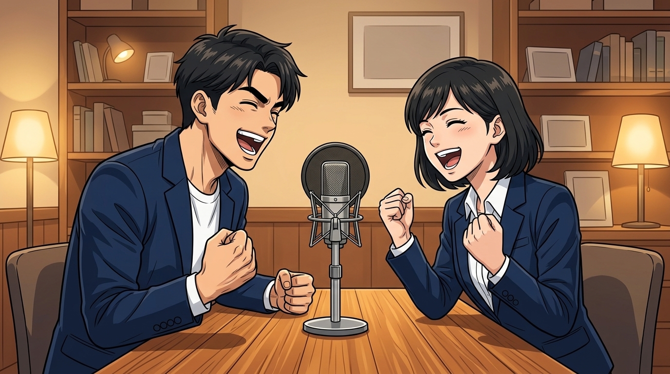 対談Podcastを収録する2人の経営者のイラスト